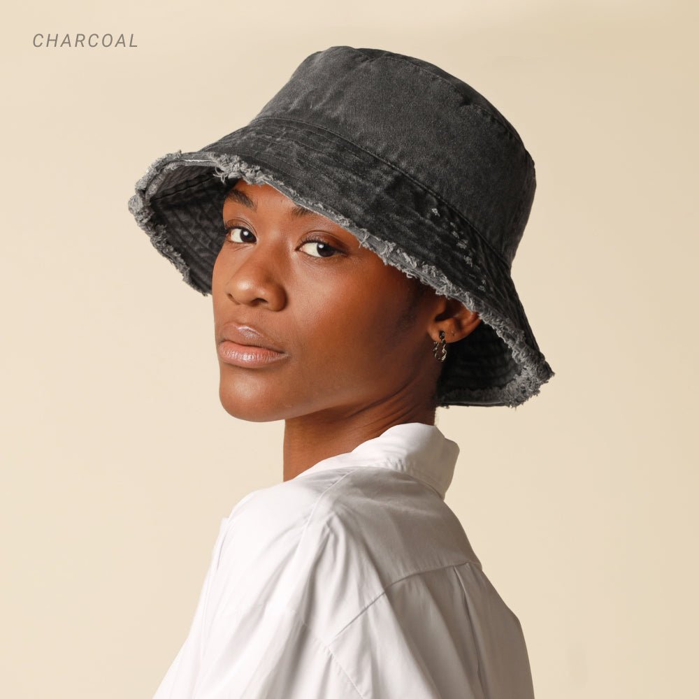 Wide Brim Frayed Bucket Hat - Casual Fit Clothes