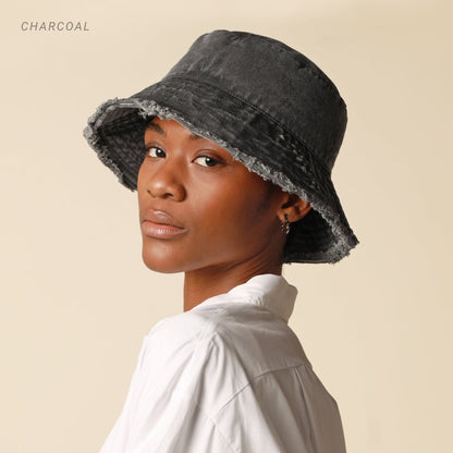 Wide Brim Frayed Bucket Hat - Casual Fit Clothes
