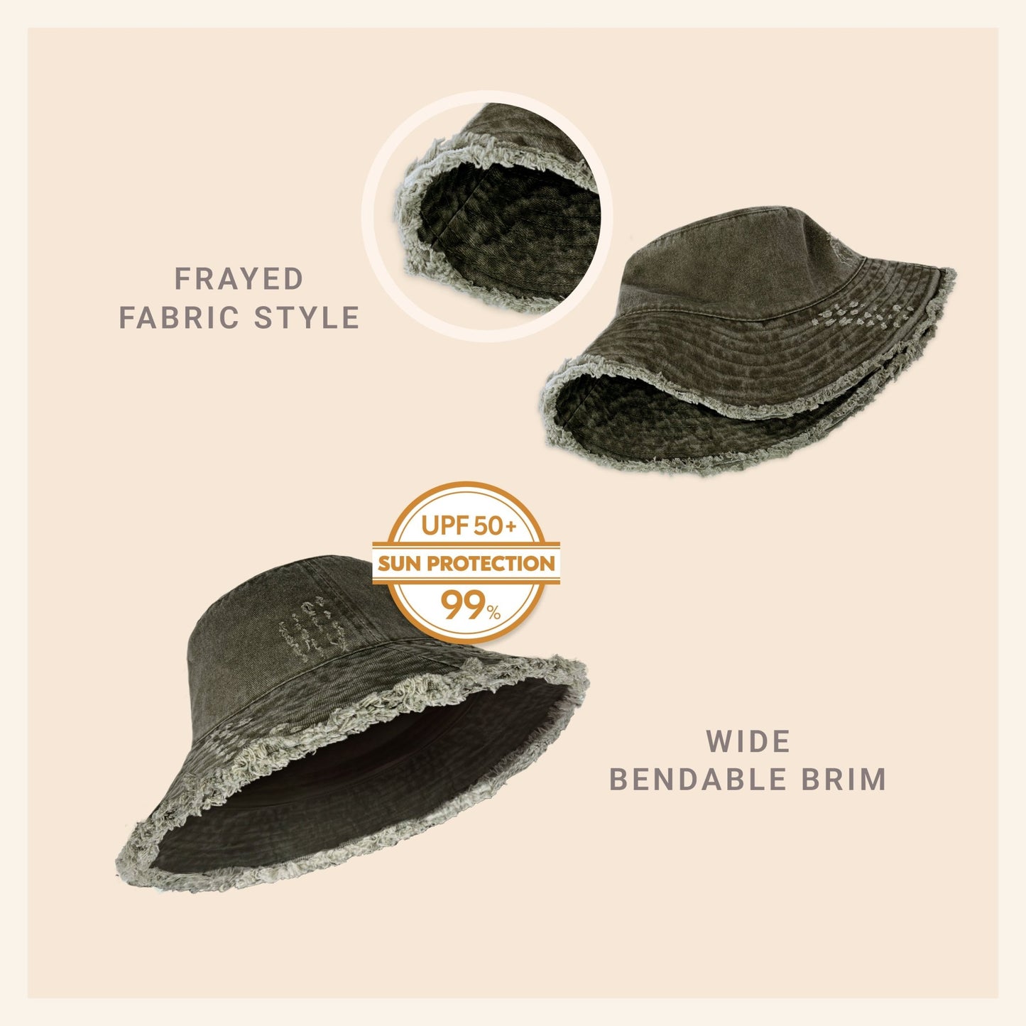 Wide Brim Frayed Bucket Hat - Casual Fit Clothes