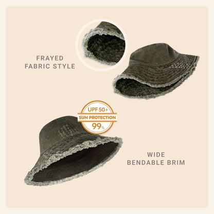 Wide Brim Frayed Bucket Hat - Casual Fit Clothes