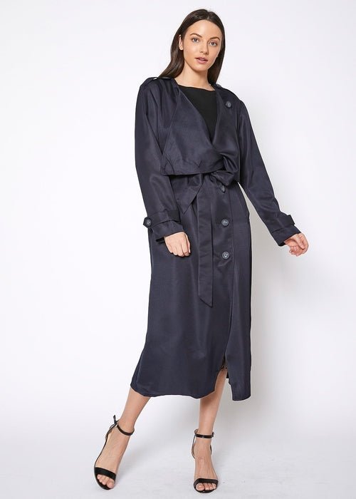 Women's Tie Waist Maxi Trench Coat - Casual Fit Clothes