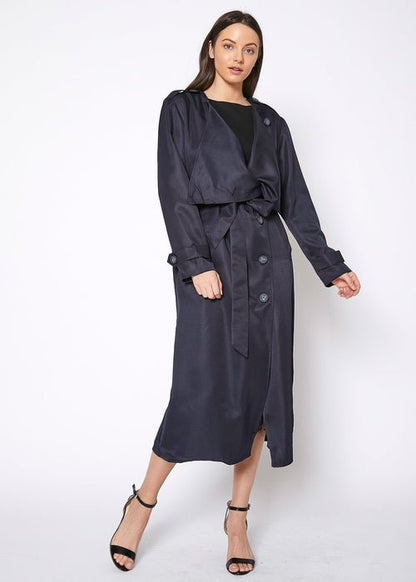 Women's Tie Waist Maxi Trench Coat - Casual Fit Clothes