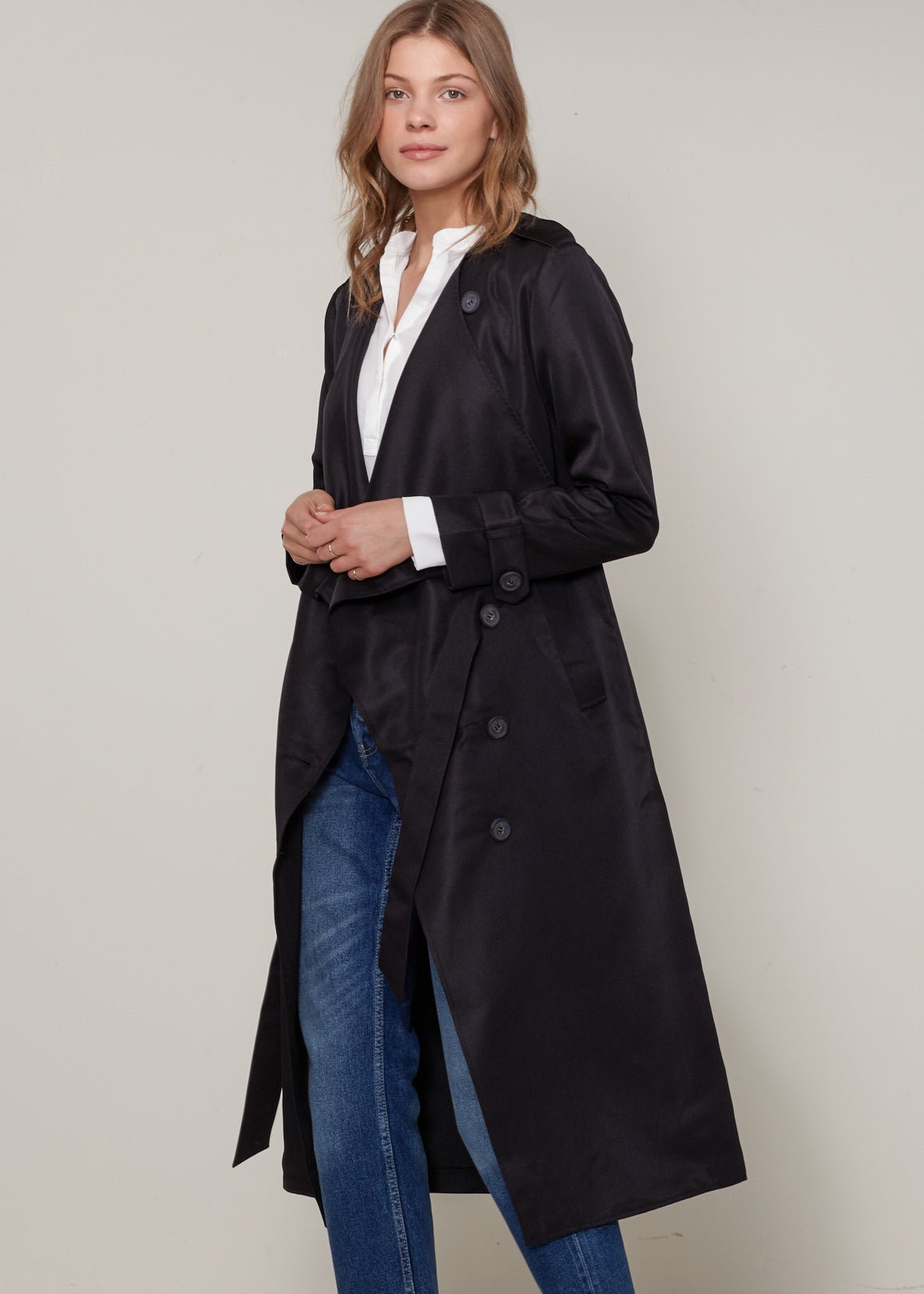 Women's Tie Waist Maxi Trench Coat - Casual Fit Clothes