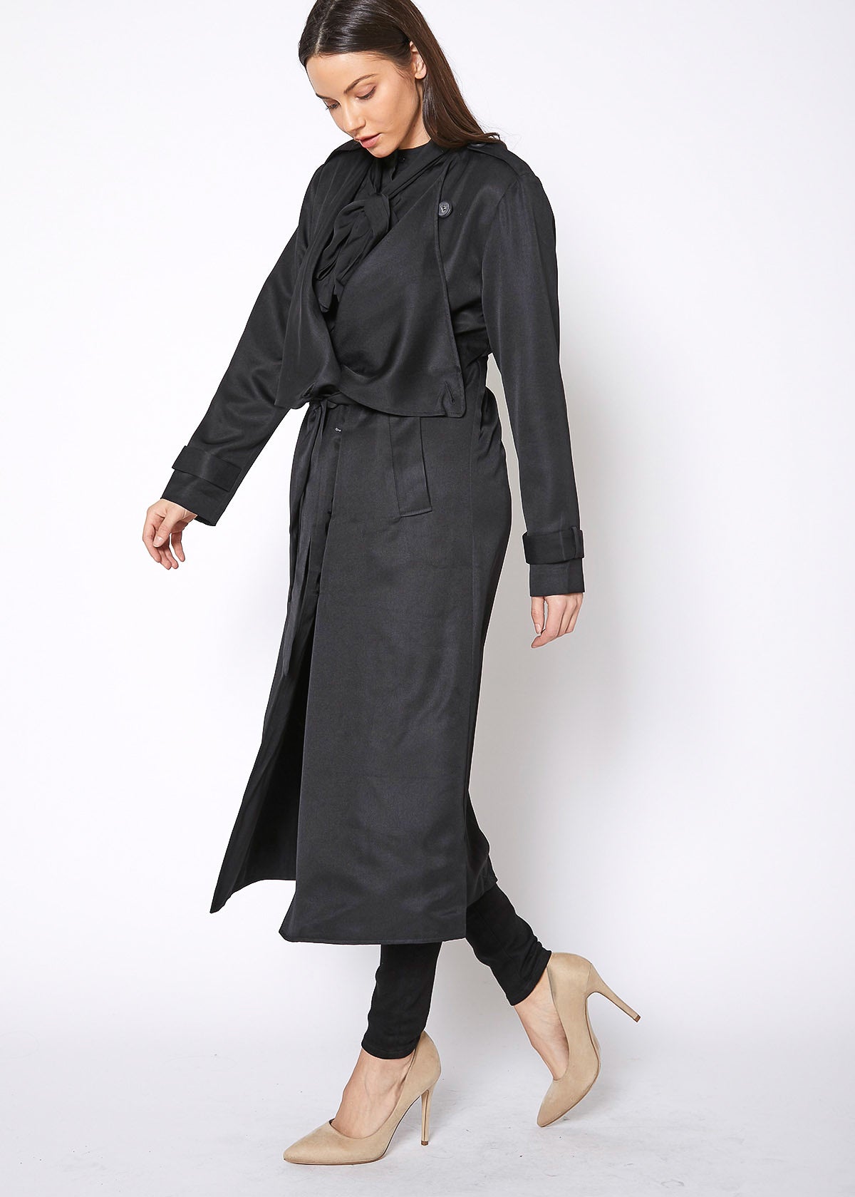 Women's Tie Waist Maxi Trench Coat - Casual Fit Clothes