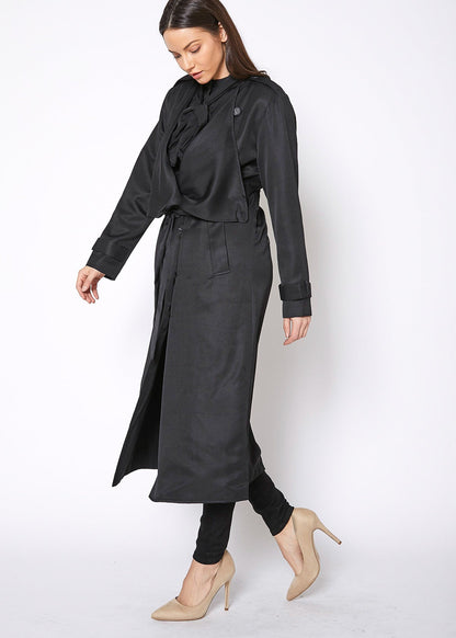 Women's Tie Waist Maxi Trench Coat - Casual Fit Clothes