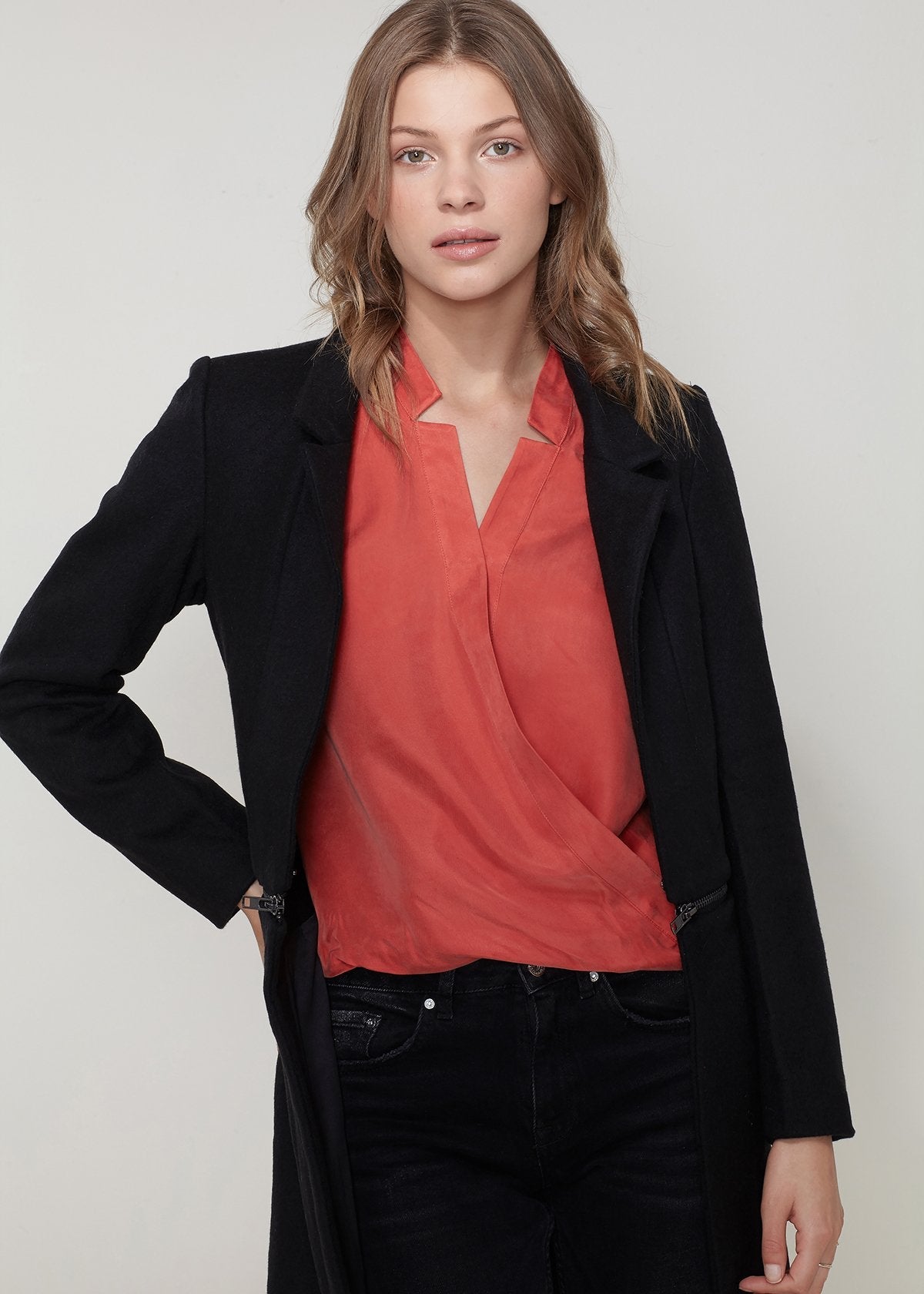 Women's Wool - blended Open Front Jacket In Black - Casual Fit Clothes