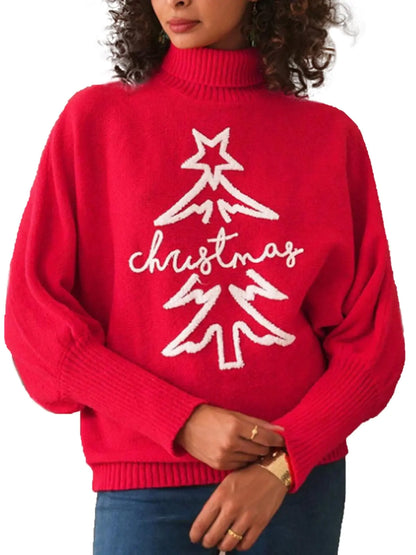 Womens Christmas Tree Red Tops Trendy Batwing Sleeve Knit Sweater Loose Long Sleeve Turtleneck Pullover Sweaters