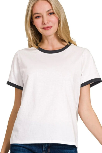 Zenana Contrast Binding Short Sleeve Tee Shirts - Casual Fit Clothes