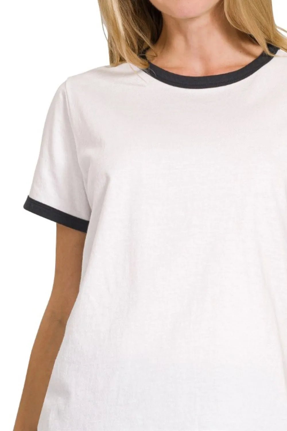 Zenana Contrast Binding Short Sleeve Tee Shirts - Casual Fit Clothes