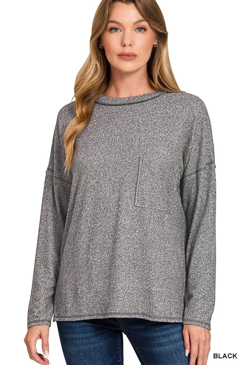 Zenana Soft Melange Hacci Round - Neck Long Sleeve T-Shirt - Casual Fit Clothes