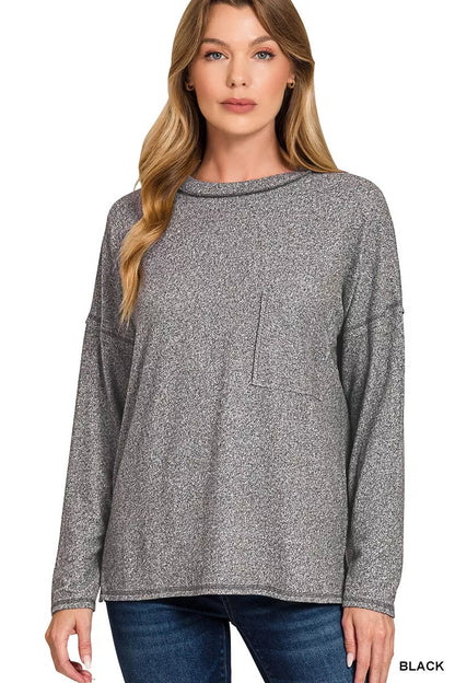 Zenana Soft Melange Hacci Round - Neck Long Sleeve T-Shirt - Casual Fit Clothes