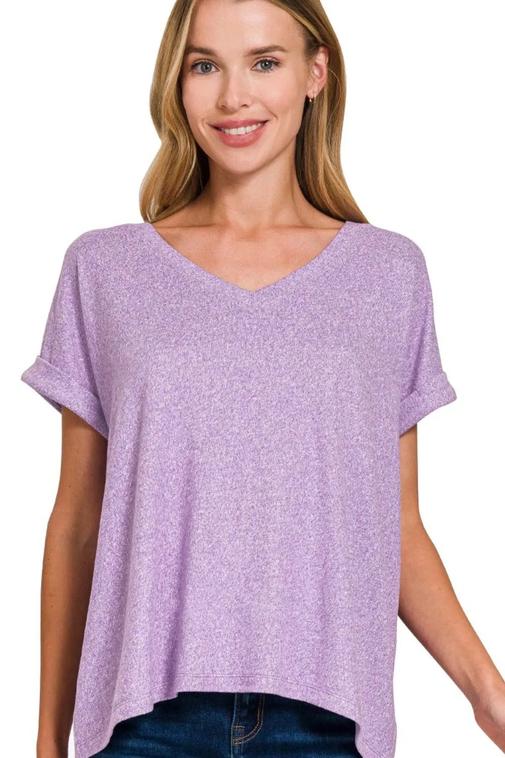 Zenana Soft Melange Hacci V - neck Tee - Casual Fit Clothes