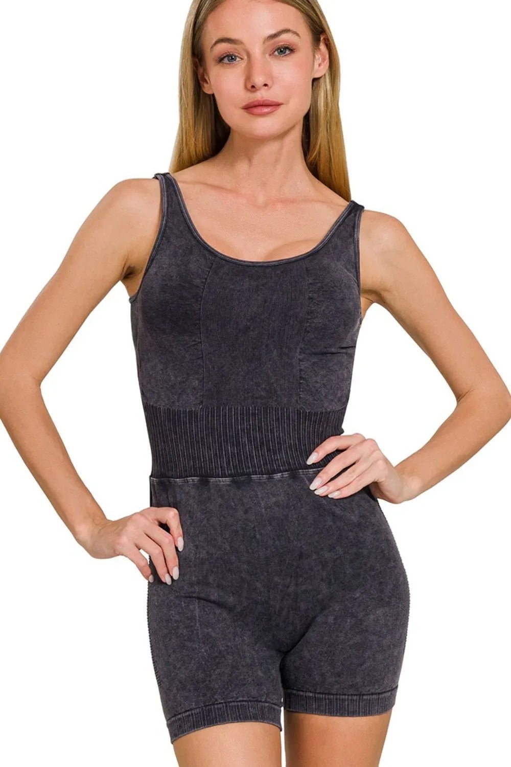 Zenana Washed Sports Romper With Removable Bra Pad - Casual Fit Clothes