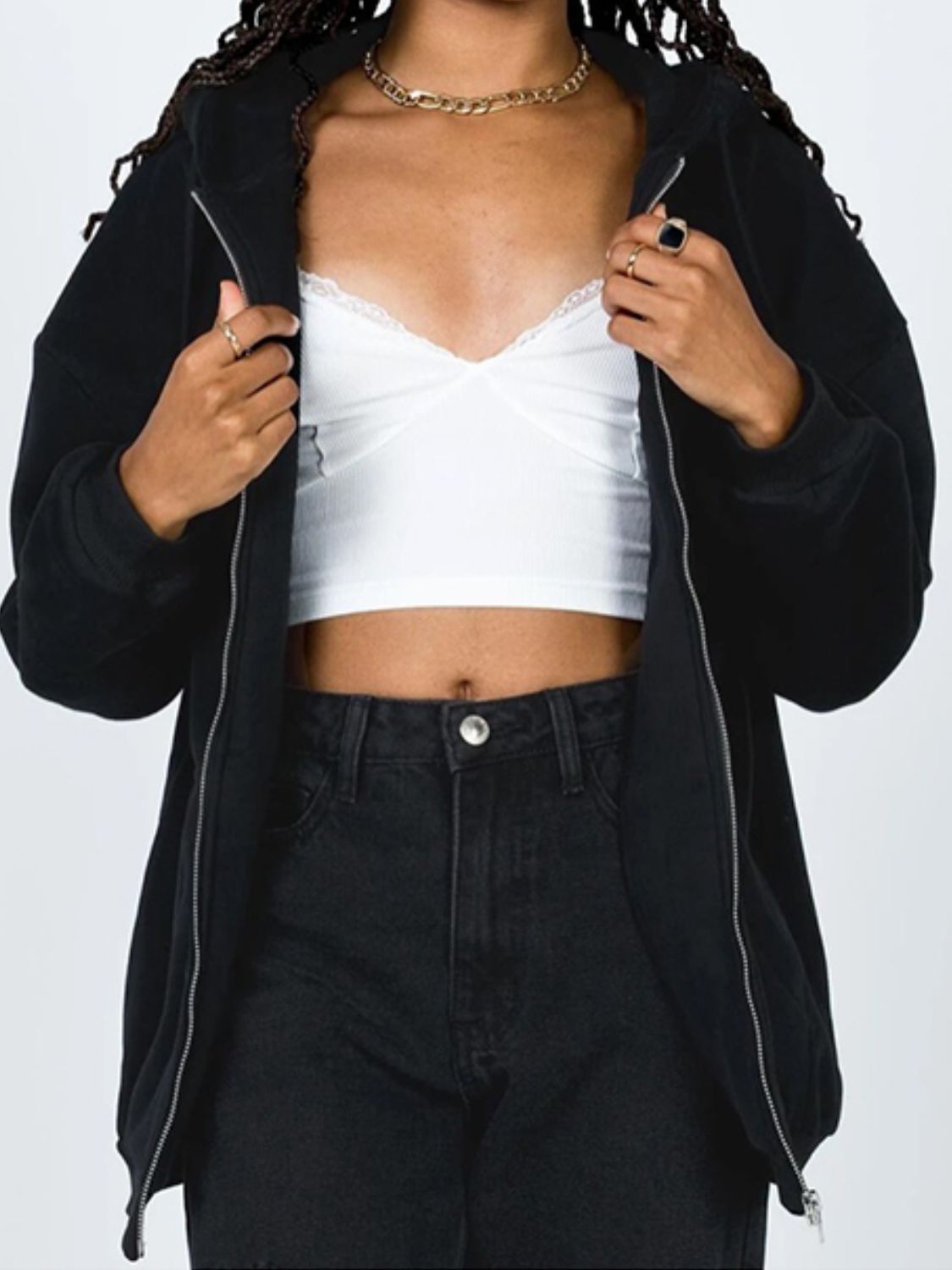 Zip - Up Drawstring Hoodie - Casual Fit Clothes